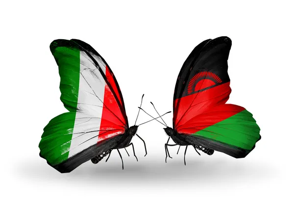 Dos mariposas con banderas en alas como símbolo de relaciones Italia y Malawi — Foto de Stock