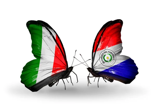 Dwa motyle z flagami na skrzydłach jako symbol stosunków, Włochy i Paragwaju — Zdjęcie stockowe
