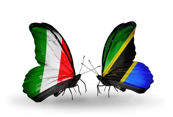 Dos mariposas con banderas en alas como símbolo de relaciones Italia y Tanzania —  Fotos de Stock