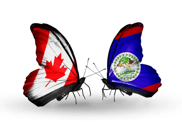 Two butterflies with flags on wings as symbol of relations Canada and Belize — Stock Photo, Image