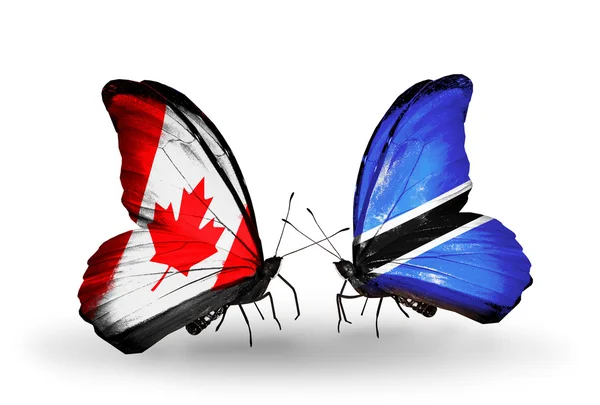 Dva motýli s příznaky na křídlech jako symbol vztahů, Kanada a botswana — Stock fotografie