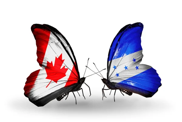 Deux papillons avec des drapeaux sur les ailes comme symbole des relations Canada-Honduras — Photo