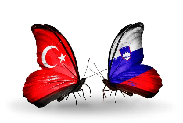 Dva motýli s příznaky na křídlech jako symbol vztahy Turecka a Slovinsko — Stock fotografie