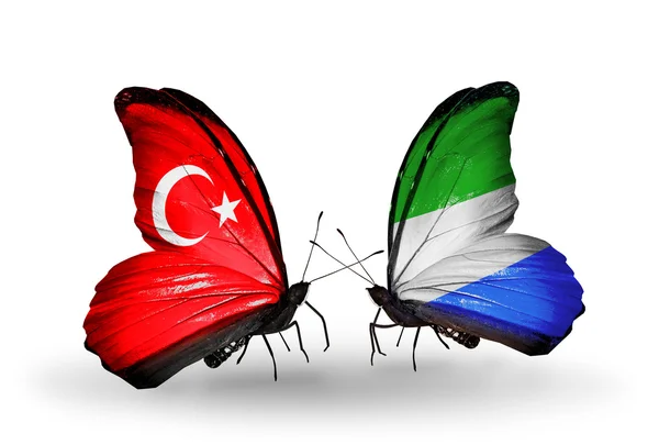 関係のトルコおよびシエラレオネの記号として翼上のフラグを持つ 2 つの蝶 — ストック写真