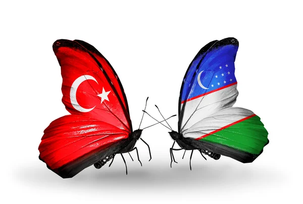 Two butterflies with flags on wings as symbol of relations Turkey and Uzbekistan — Stock Photo, Image