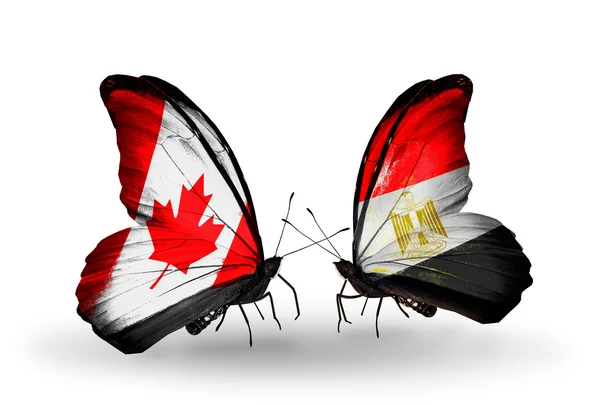 Duas borboletas com bandeiras em asas como símbolo das relações Canadá e Egito — Fotografia de Stock