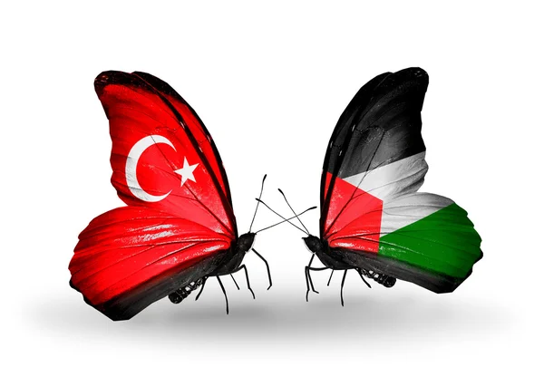 Twee vlinders met vlaggen op vleugels als symbool van betrekkingen Turkije en Palestina — Stockfoto