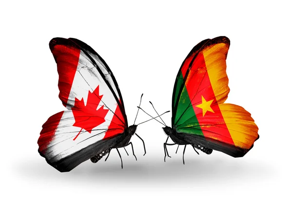 Dva motýli s příznaky na křídlech jako symbol vztahů, Kanada a Kamerunu — Stock fotografie