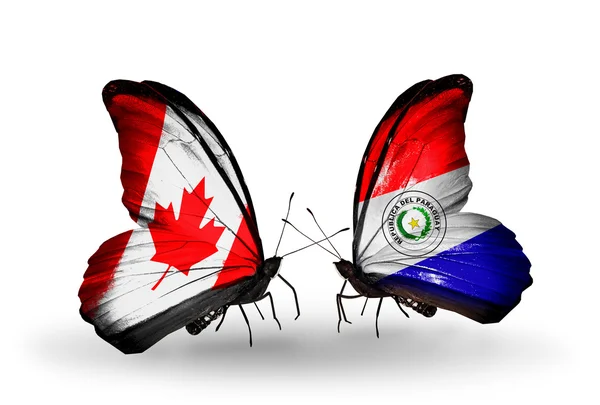 Duas borboletas com bandeiras em asas como símbolo de relações Canadá e Paraguai — Fotografia de Stock