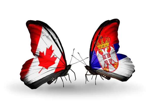 Dva motýli s příznaky na křídlech jako symbol vztahů, Kanada a Srbsko — Stock fotografie