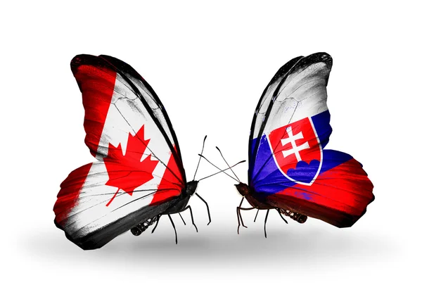 Две бабочки с флагами на крыльях как символ отношений Канады и Словакии — стоковое фото
