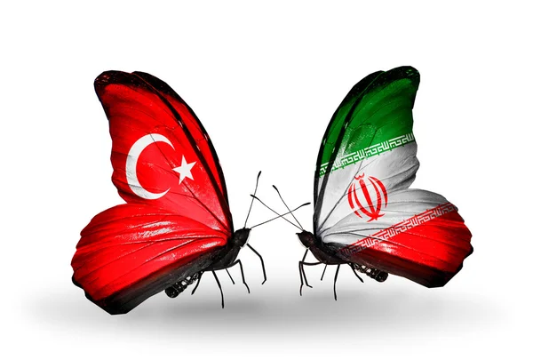 Two butterflies with flags on wings as symbol of relations Turkey and Iran — Stock Photo, Image