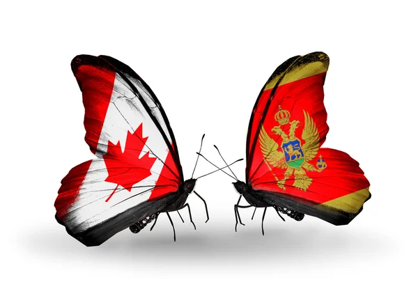 İki kanat bayrakları ile ilişkileri sembolü olarak Kanada ve Karadağ kelebekler — Stok fotoğraf