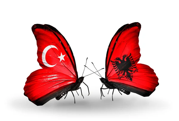 Duas borboletas com bandeiras nas asas como símbolo das relações Turquia e Albânia — Fotografia de Stock
