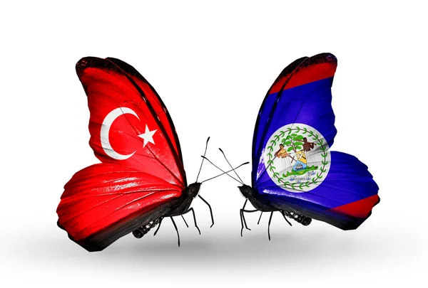 Dva motýli s příznaky na křídlech jako symbol vztahy Turecka a belize — Stock fotografie