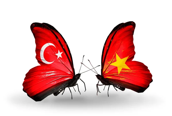 Dua kupu-kupu dengan bendera di sayap sebagai simbol hubungan Turki dan Vietnam — Stok Foto