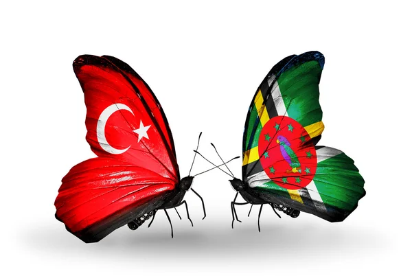 Dva motýli s příznaky na křídlech jako symbol vztahy Turecka a Dominika — Stock fotografie