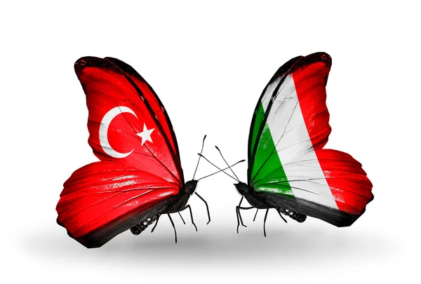 Two butterflies with flags on wings as symbol of relations Turkey and Italy — Stock Photo, Image