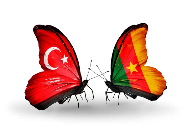 Deux papillons avec des drapeaux sur les ailes comme symbole des relations Turquie et Cameroun — Photo