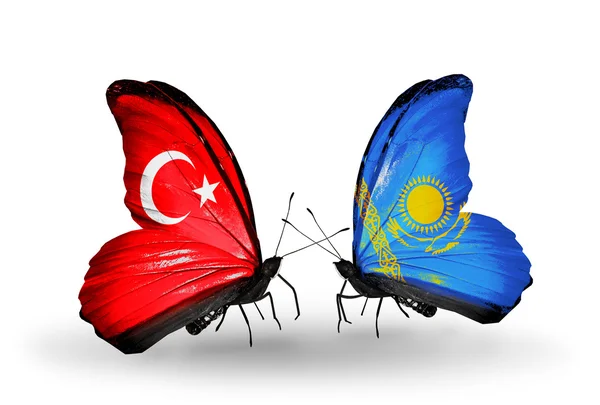 Deux papillons avec des drapeaux sur les ailes comme symbole des relations Turquie et Kazakhstan — Photo