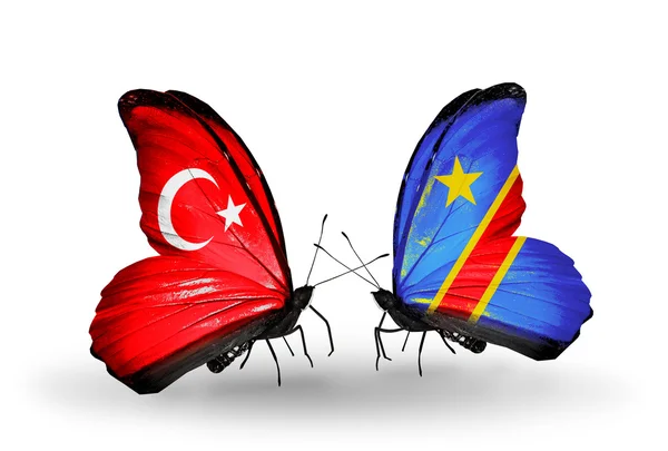 Iki kelebek kanatları ilişkiler Türkiye ve kongo sembolü olarak bayrakları ile — Stok fotoğraf