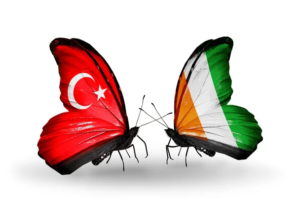 Two butterflies with flags on wings as symbol of relations Turkey and Cote Divoire — Stock Photo, Image