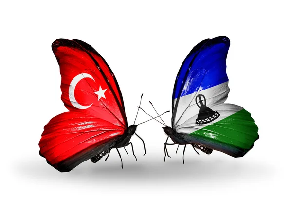 Duas borboletas com bandeiras em asas como símbolo de relações Turquia e Lesoto — Fotografia de Stock