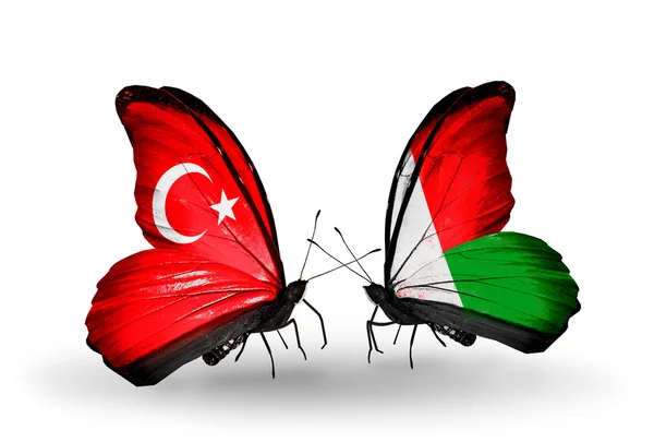 Dwa motyle z flagami na skrzydło symbol Turcja stosunków i Madagaskaru — Zdjęcie stockowe