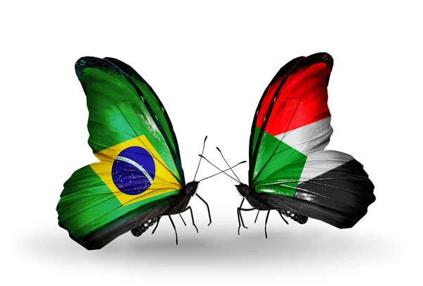Two butterflies with flags on wings as symbol of relations Brazil and Sudan — Stock Photo, Image