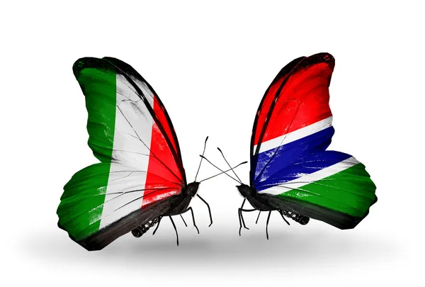 Dos mariposas con banderas en alas como símbolo de relaciones Italia y Gambia —  Fotos de Stock