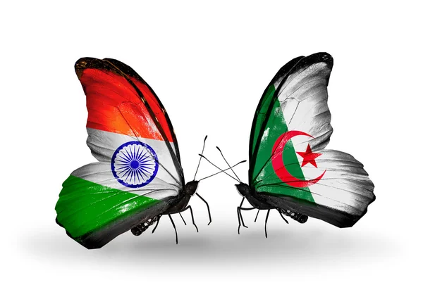 Two butterflies with flags on wings as symbol of relations India and Algeria — Stock Photo, Image