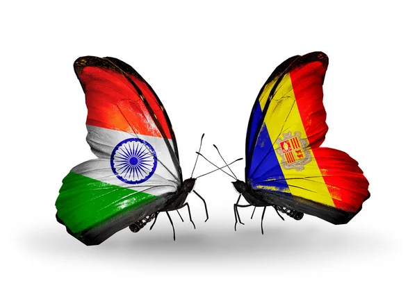 Two butterflies with flags on wings as symbol of relations India and Andorra — Stock Photo, Image