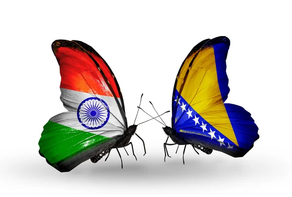 Две бабочки с флагами на крыльях как символ отношений Индии и Боснии и Герцеговины — стоковое фото