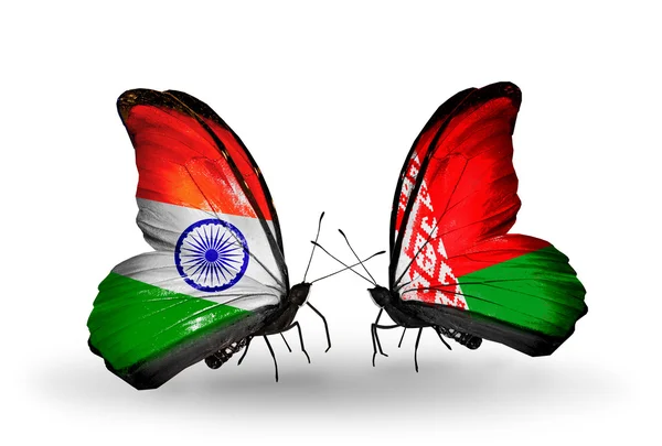 Two butterflies with flags on wings as symbol of relations India and Belarus — Stock Photo, Image