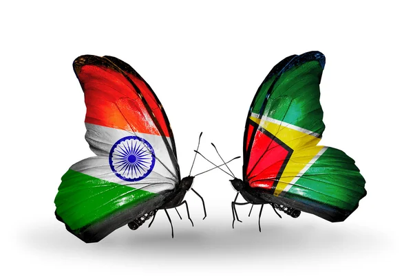 Duas borboletas com bandeiras em asas como símbolo de relações Índia e Guiana — Fotografia de Stock