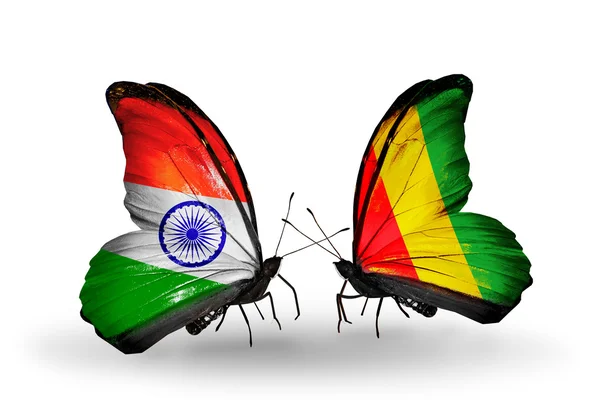 Two butterflies with flags on wings as symbol of relations India and Guinea — Stock Photo, Image