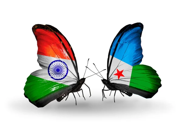 Две бабочки с флагами на крыльях как символ отношений Индии и Джибути — стоковое фото