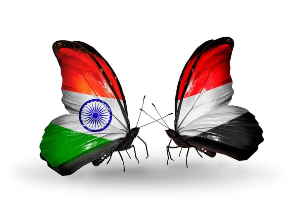 Two butterflies with flags on wings as symbol of relations India and Yemen — Stock Photo, Image