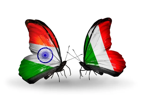 Two butterflies with flags on wings as symbol of relations India and Italy — Stock Photo, Image