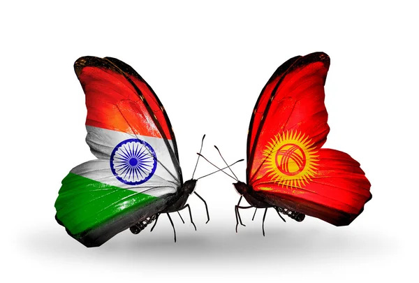 Two butterflies with flags on wings as symbol of relations India and Kirghiz — Stock Photo, Image