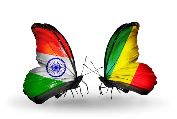 Two butterflies with flags on wings as symbol of relations India and Kongo — Stock Photo, Image