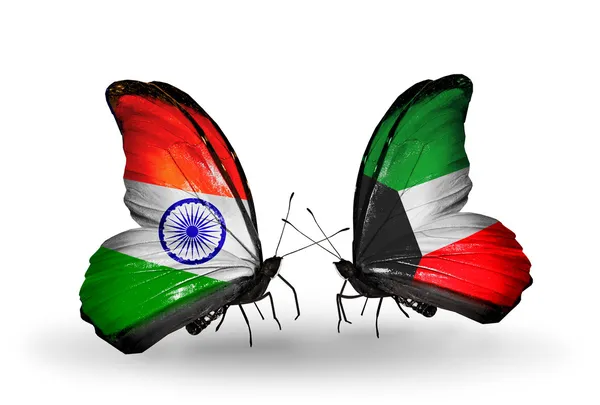 Two butterflies with flags on wings as symbol of relations India and Kuwait — Stock Photo, Image