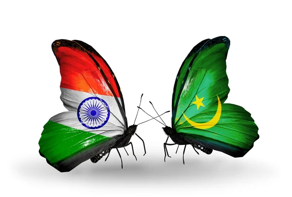 Two butterflies with flags on wings as symbol of relations India and Mauritania — Stock Photo, Image