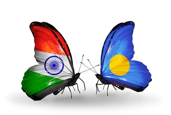 Two butterflies with flags on wings as symbol of relations India and Palau — Stock Photo, Image