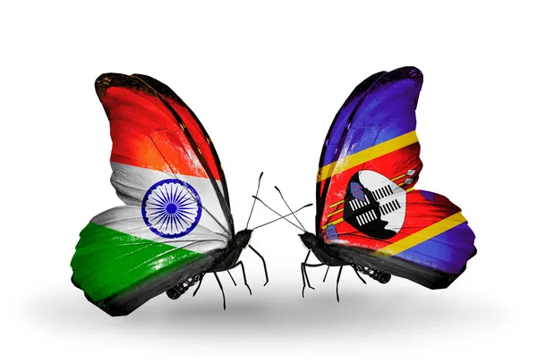 Dva motýli s příznaky na křídlech jako symbol vztahů, Indie a Svazijska — Stock fotografie