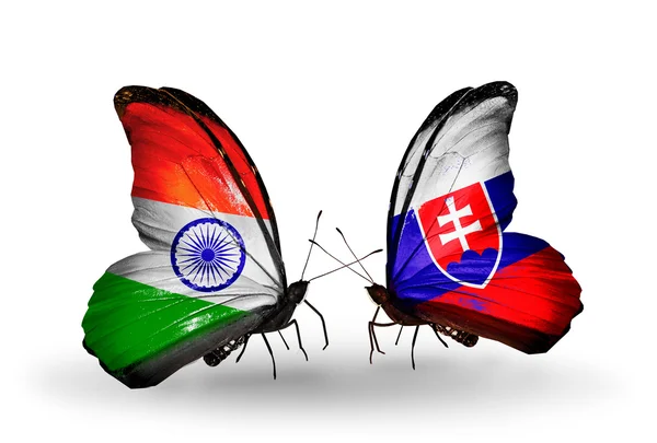 Two butterflies with flags on wings as symbol of relations India and Slovakia — Stock Photo, Image