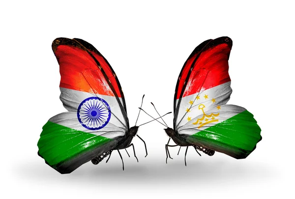 Two butterflies with flags on wings as symbol of relations India and Tajikistan — Stock Photo, Image