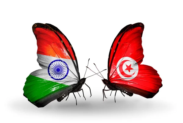 Due farfalle con bandiere sulle ali come simbolo delle relazioni India e Tunisia — Foto Stock
