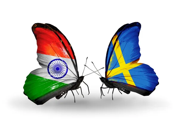 Two butterflies with flags on wings as symbol of relations India and Sweden — Stock Photo, Image