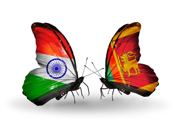 Two butterflies with flags on wings as symbol of relations India and Sri Lanka — Stock Photo, Image